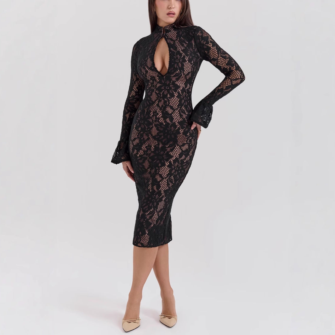 Black Lace Sheath Midi Dress For Woman - Chiccharm