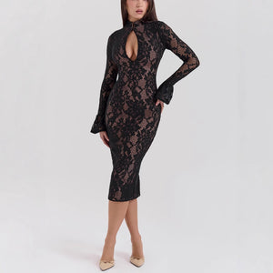Black Lace Sheath Midi Dress For Woman - Chiccharm