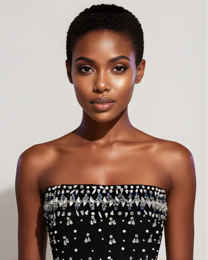 Woman wearing a strapless black dress with white embellishments against a plain background