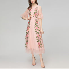 Blush Pink Embroidered Floral Midi Dress - Chiccharm Boutique