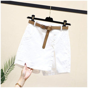 Button High Waist With Belt Cotton Shorts - Chiccharm