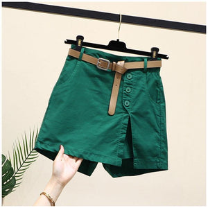 Button High Waist With Belt Cotton Shorts - Chiccharm