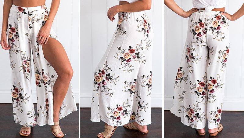 Chiffon printing split loose wide leg pants - Chiccharm Boutique