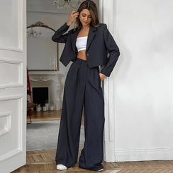 Cropped Blazer and High-Waist Wide-Leg Trousers Set - Chiccharm