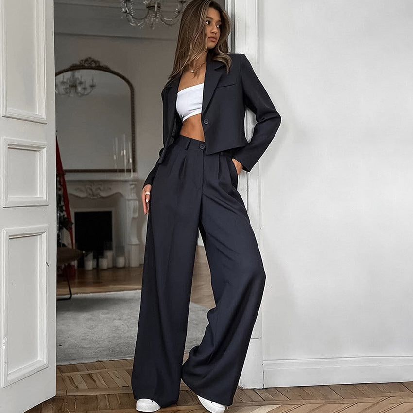 Cropped Blazer and High-Waist Wide-Leg Trousers Set - Chiccharm
