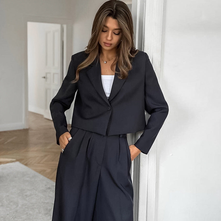 Cropped Blazer and High-Waist Wide-Leg Trousers Set - Chiccharm