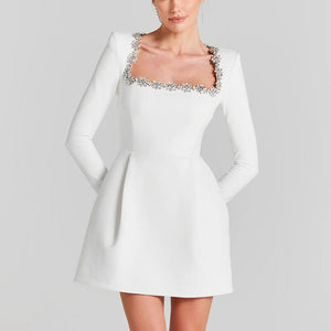 Crystal Trim Mini Square Neck white Dress For Elegance - Chic Charm