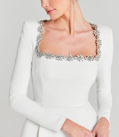 Crystal Trim Mini Square Neck white Dress For Elegance - Chic Charm