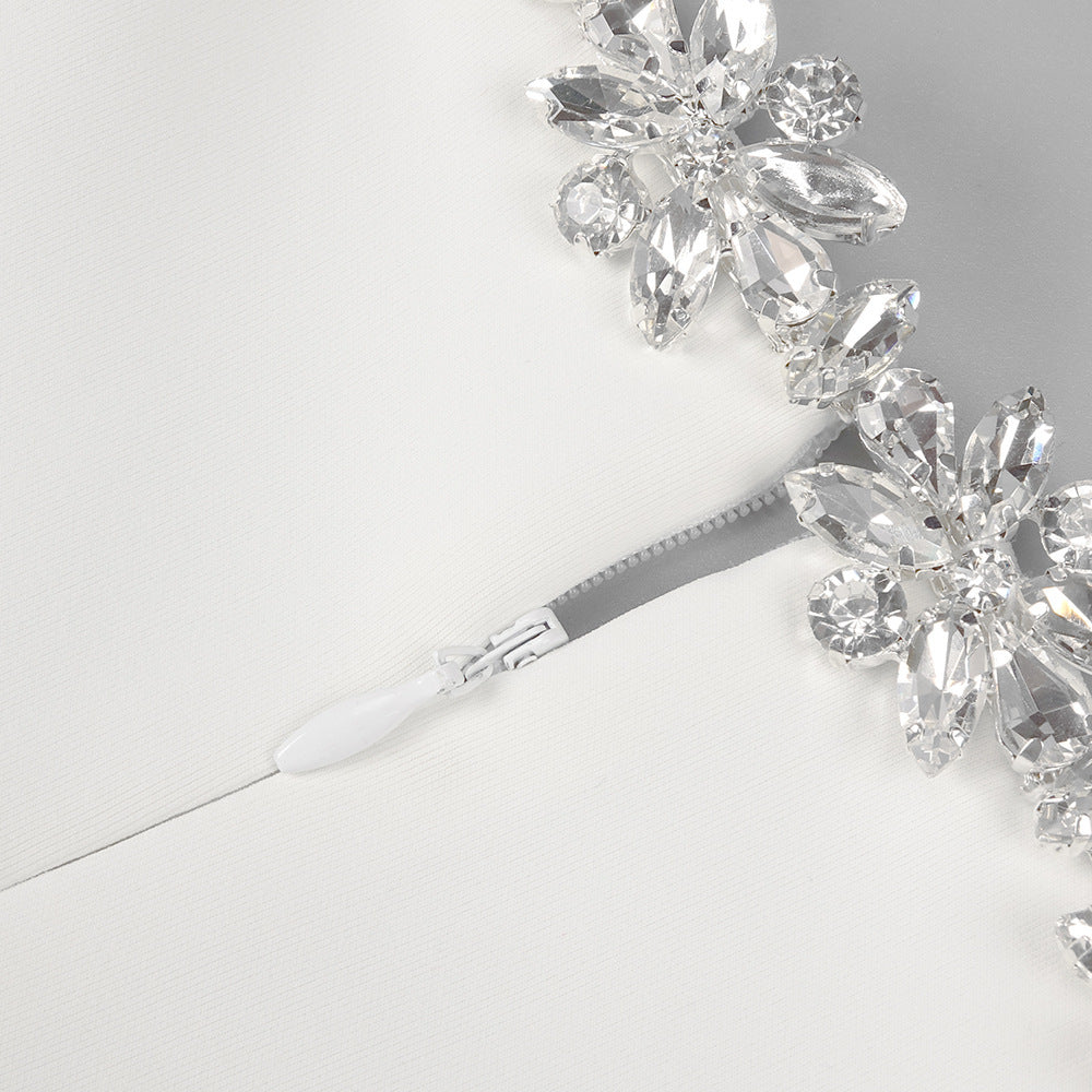 Crystal Trim Mini Square Neck white Dress For Elegance - Chic Charm