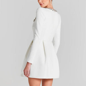 Crystal Trim Mini Square Neck white Dress For Elegance - Chic Charm