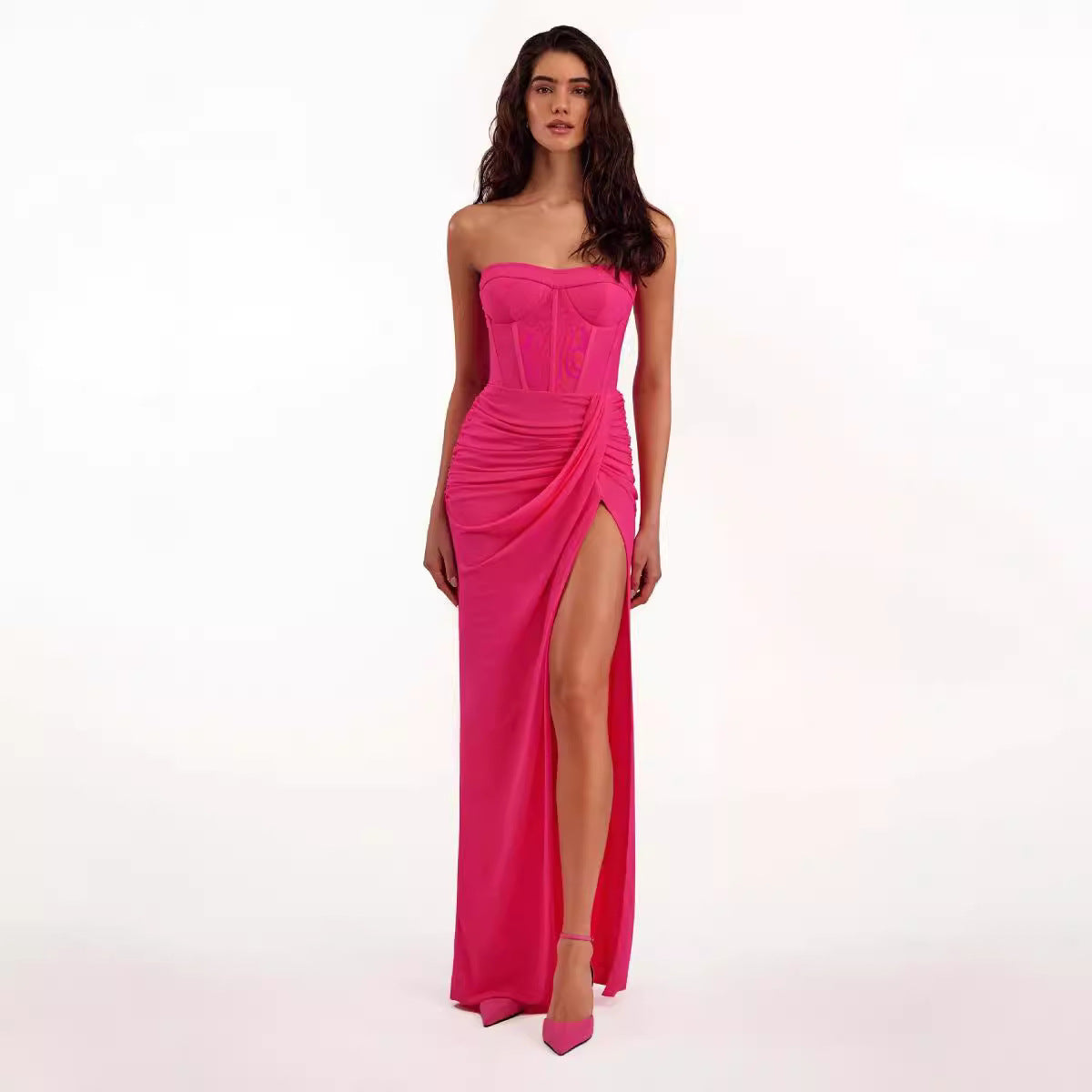 Draped Bustier Dress Maxi with Thigh-High Split - Chiccharm Boutique