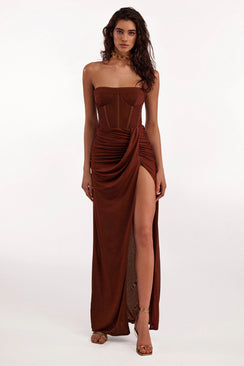 Draped Bustier Dress Maxi with Thigh-High Split - Chiccharm Boutique