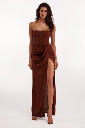Draped Bustier Dress Maxi with Thigh-High Split - Chiccharm Boutique