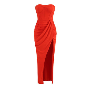 Draped Bustier Dress Maxi with Thigh-High Split - Chiccharm Boutique