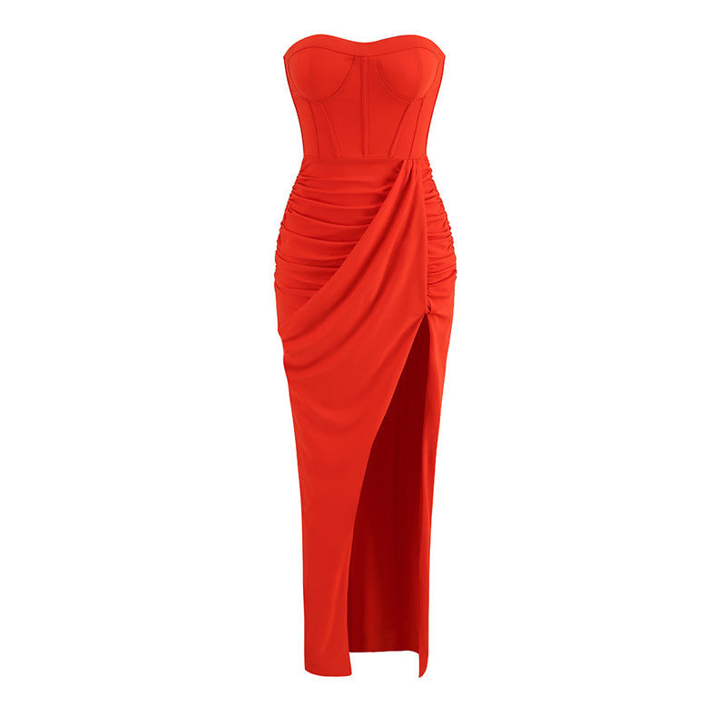 Draped Bustier Dress Maxi with Thigh-High Split - Chiccharm Boutique