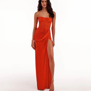 Draped Bustier Dress Maxi with Thigh-High Split - Chiccharm Boutique