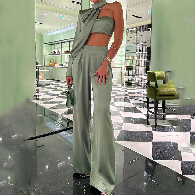 Elegant Asymmetrical Halter Crop Top and Wide Leg Trousers Set - Chiccharm Boutique