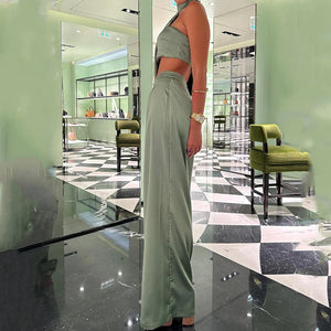 Elegant Asymmetrical Halter Crop Top and Wide Leg Trousers Set - Chiccharm Boutique