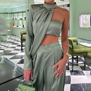 Elegant Asymmetrical Halter Crop Top and Wide Leg Trousers Set - Chiccharm Boutique