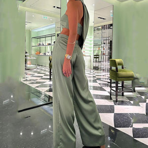 Elegant Asymmetrical Halter Crop Top and Wide Leg Trousers Set - Chiccharm
