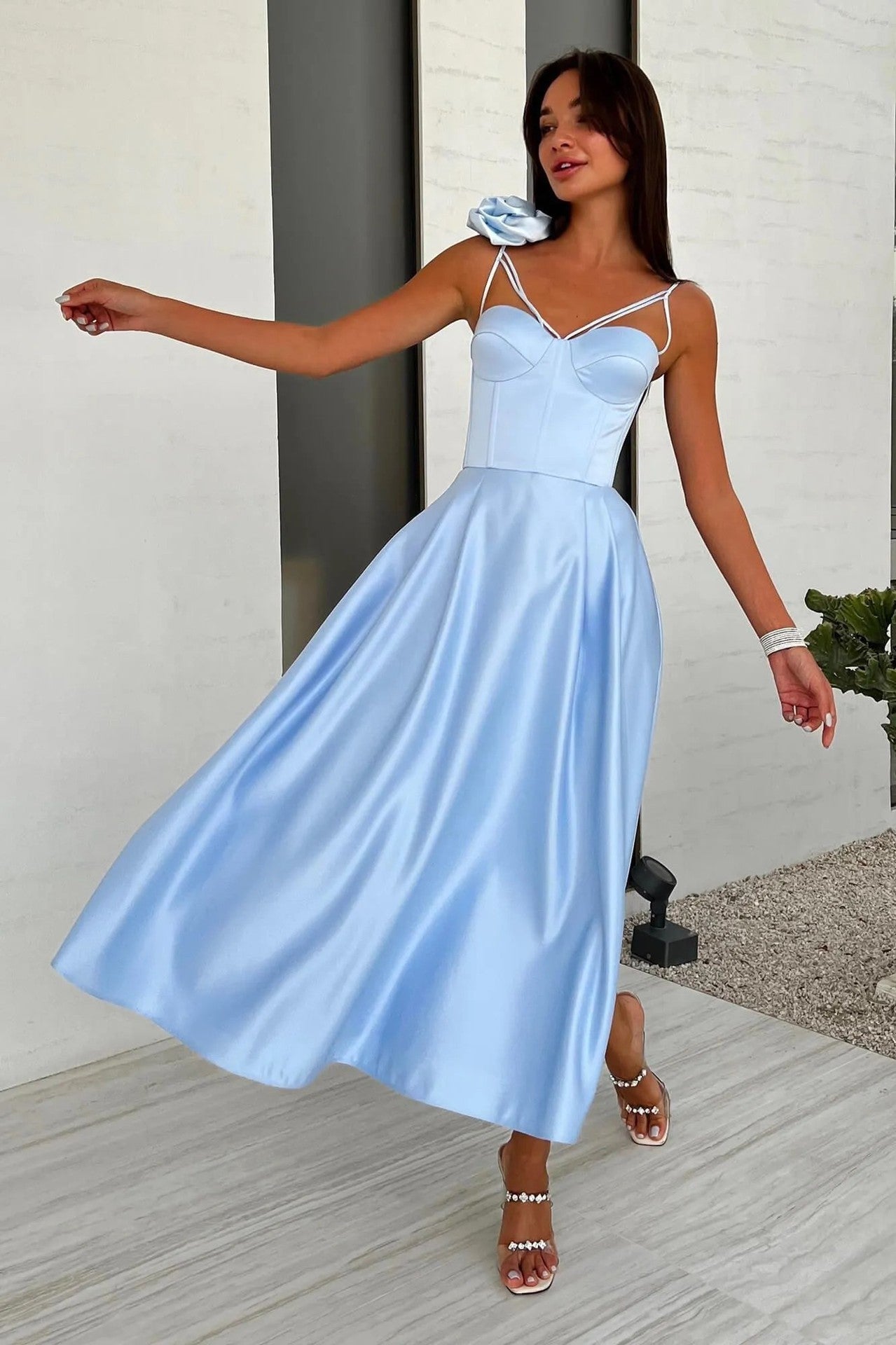 Elegant Blue Off Shoulder Midi Dress with Flowers  - Chiccharm