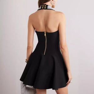 Elegant Crystal Button Halter Mini Dress For Chic Evenings - Chiccharm Boutique