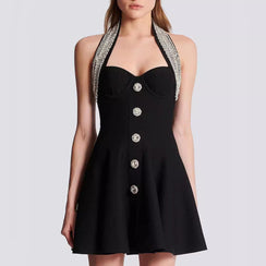 Elegant Crystal Button Halter Mini Dress For Chic Evenings - Chiccharm Boutique