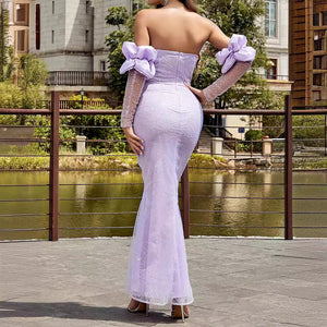Elegant Lavender Mermaid floral dresses with long sleeves - Chiccharm Boutique