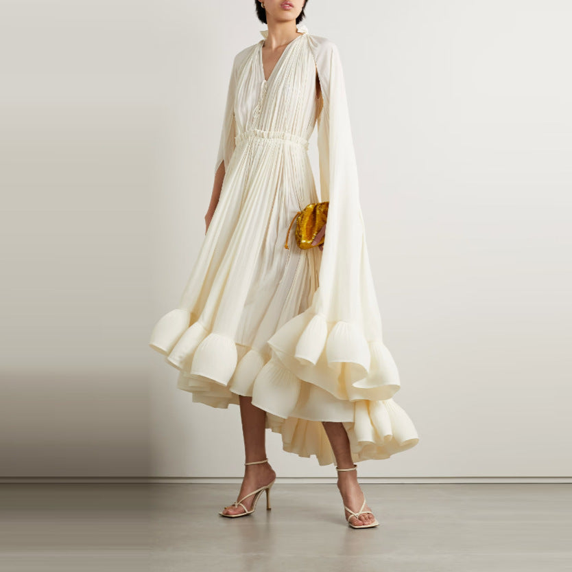 Elegant Layers with Flowing Ruffle Cape Dress 