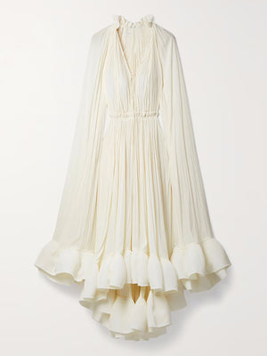 Elegant Layers with Flowing Ruffle Cape Dress 