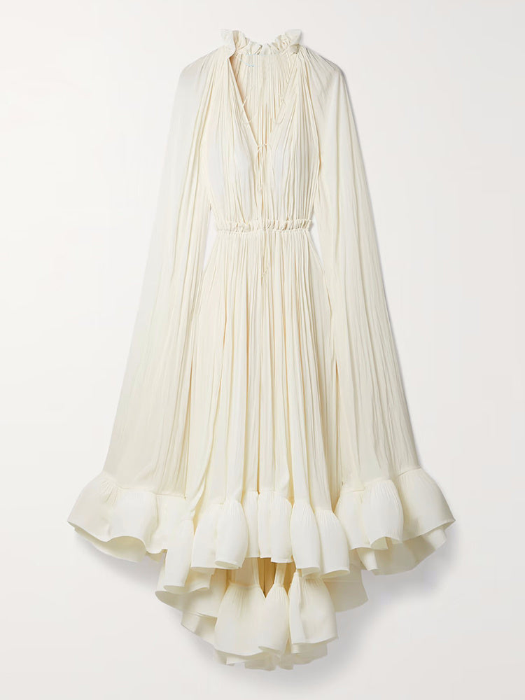 Elegant Layers with Flowing Ruffle Cape Dress 