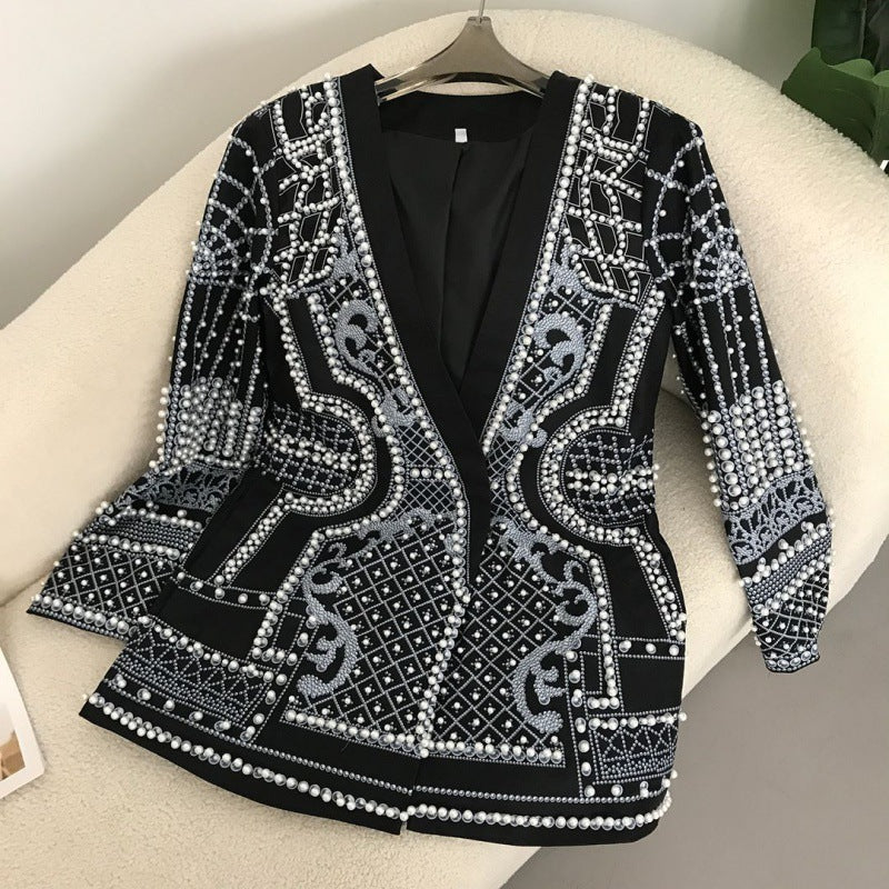 Elegant Pearl Embellished Blazer Dress - Chic Evening Statements - Chiccharm Boutique