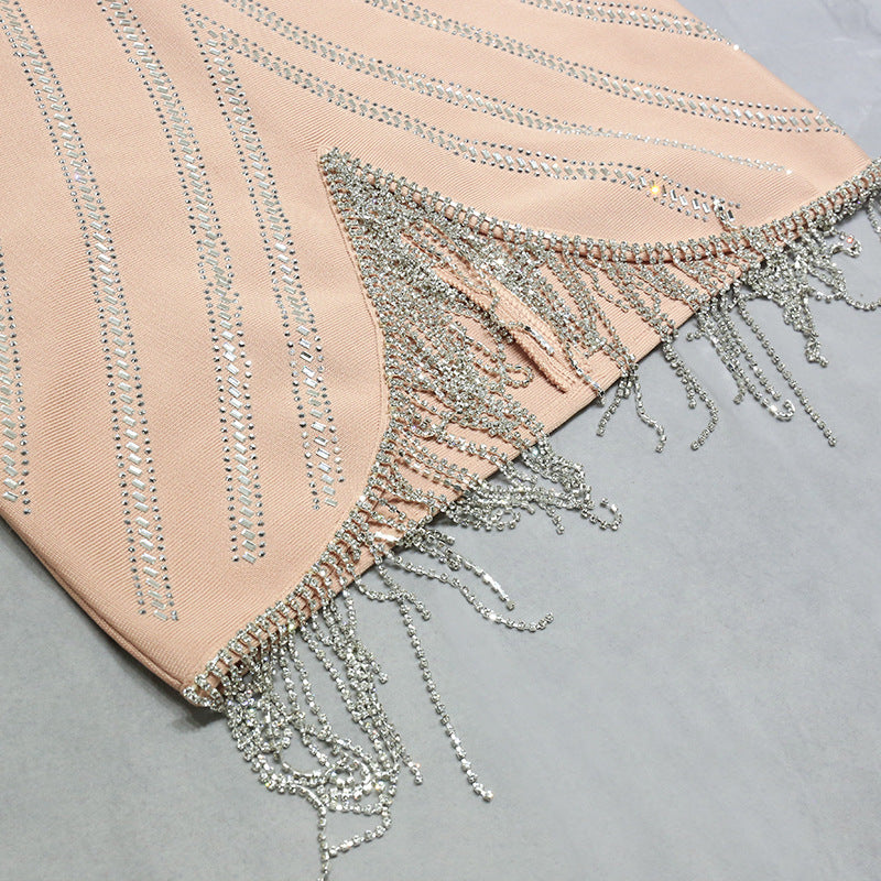 Elegant Strapless Beaded Dress With Fringe​  - Chic Charm