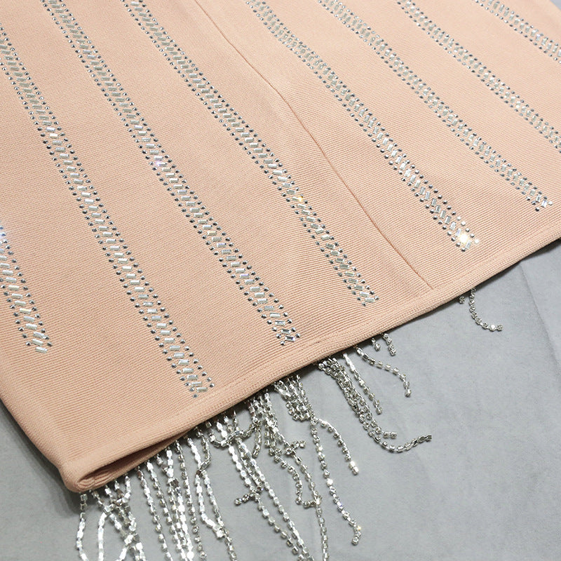 Elegant Strapless Beaded Dress With Fringe​  - Chic Charm