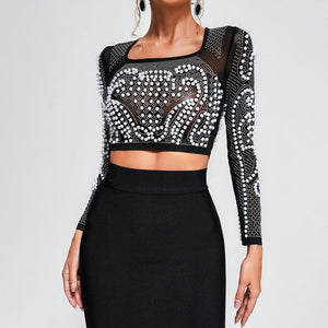 Embellished Mesh Crop Top and Button-Detail Pencil Skirt - Chiccharm Boutique