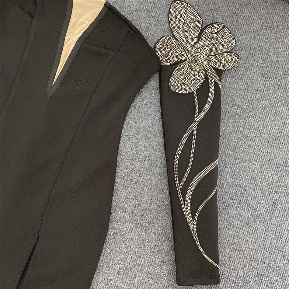 Embellished Plunge High-Slit Gown - Chiccharm Boutique