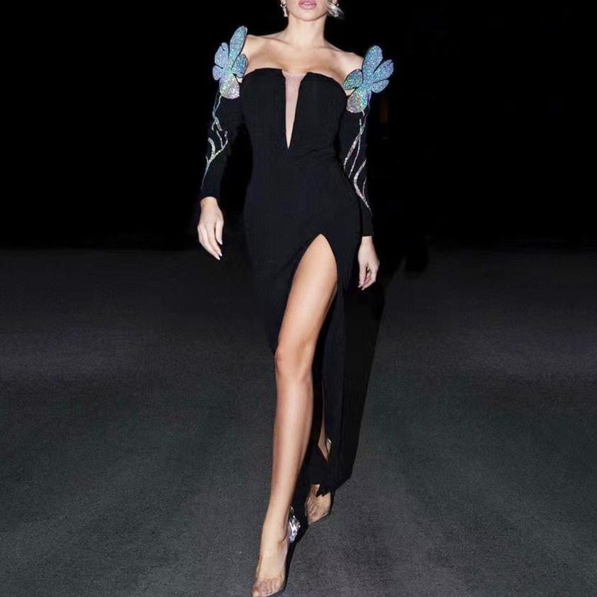 Embellished Plunge High-Slit Gown - Chiccharm Boutique