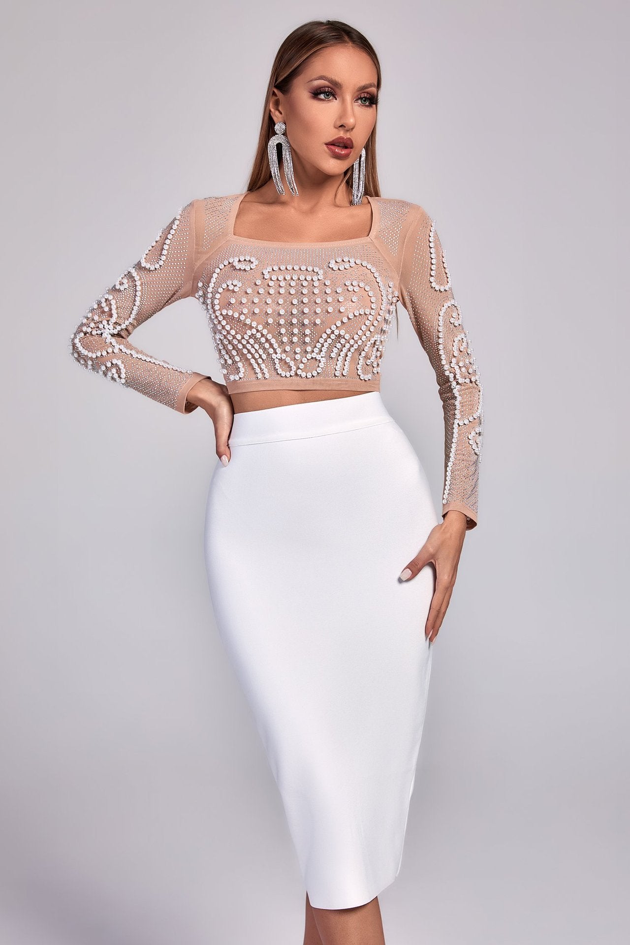 Embellished Sheer Crop Top and Sleek Pencil Skirt Set  - Chiccharm
