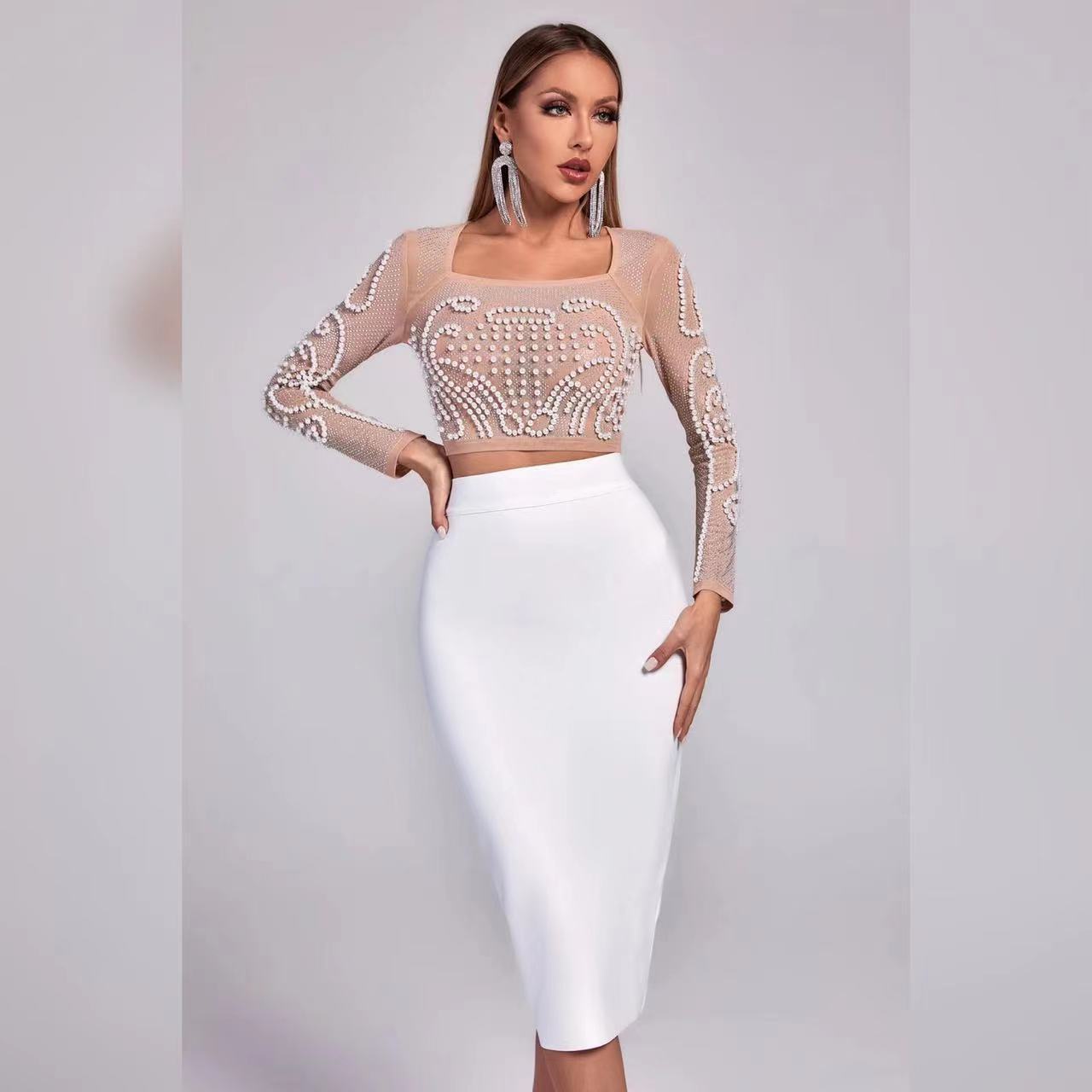 Embellished Sheer Crop Top and Sleek Pencil Skirt Set  - Chiccharm