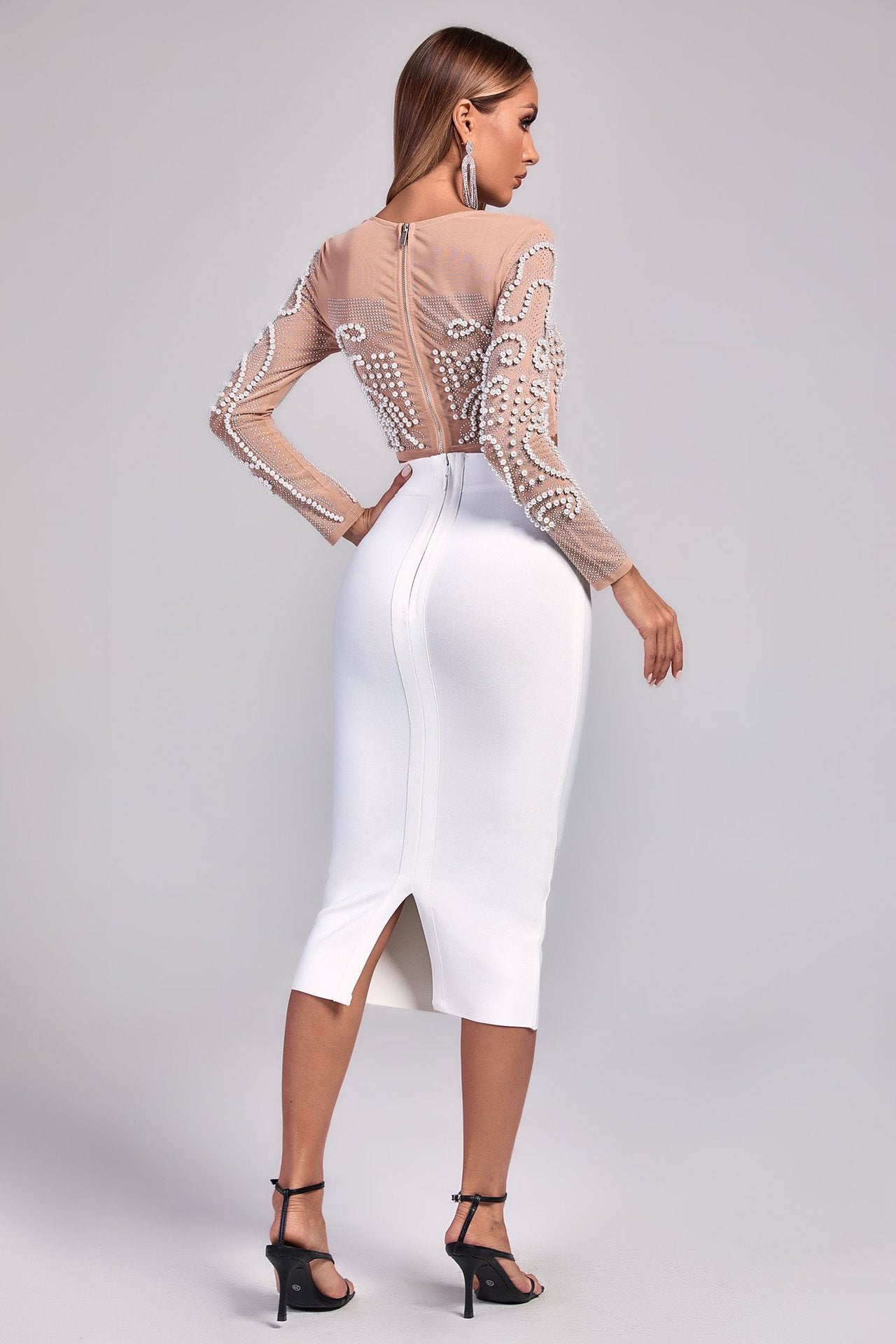 Embellished Sheer Crop Top and Sleek Pencil Skirt Set  - Chiccharm