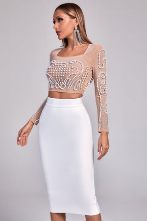 Embellished Sheer Crop Top and Sleek Pencil Skirt Set  - Chiccharm