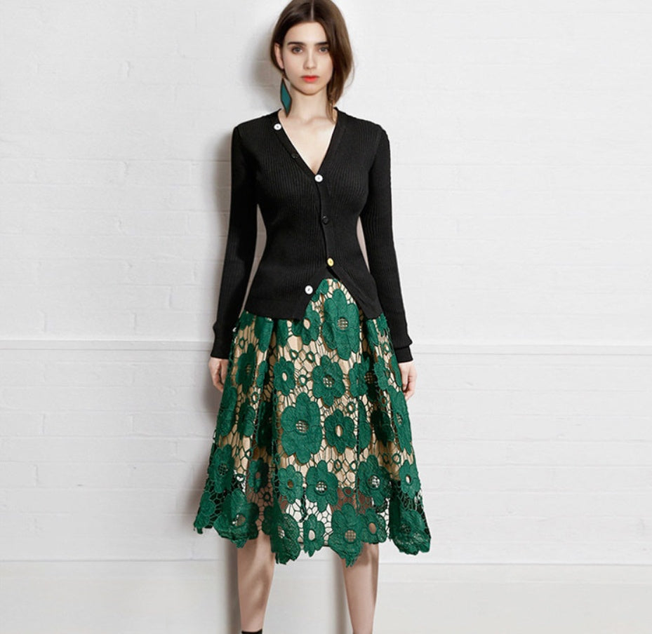 Emerald Floral Lace Midi Skirt - Chiccharm Boutique