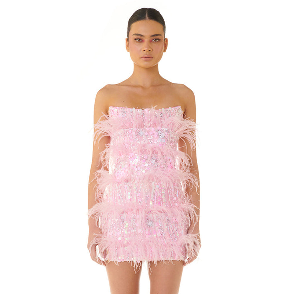 Feather Mini Dress - Sequin Glam Mini Dress - Chiccharm
