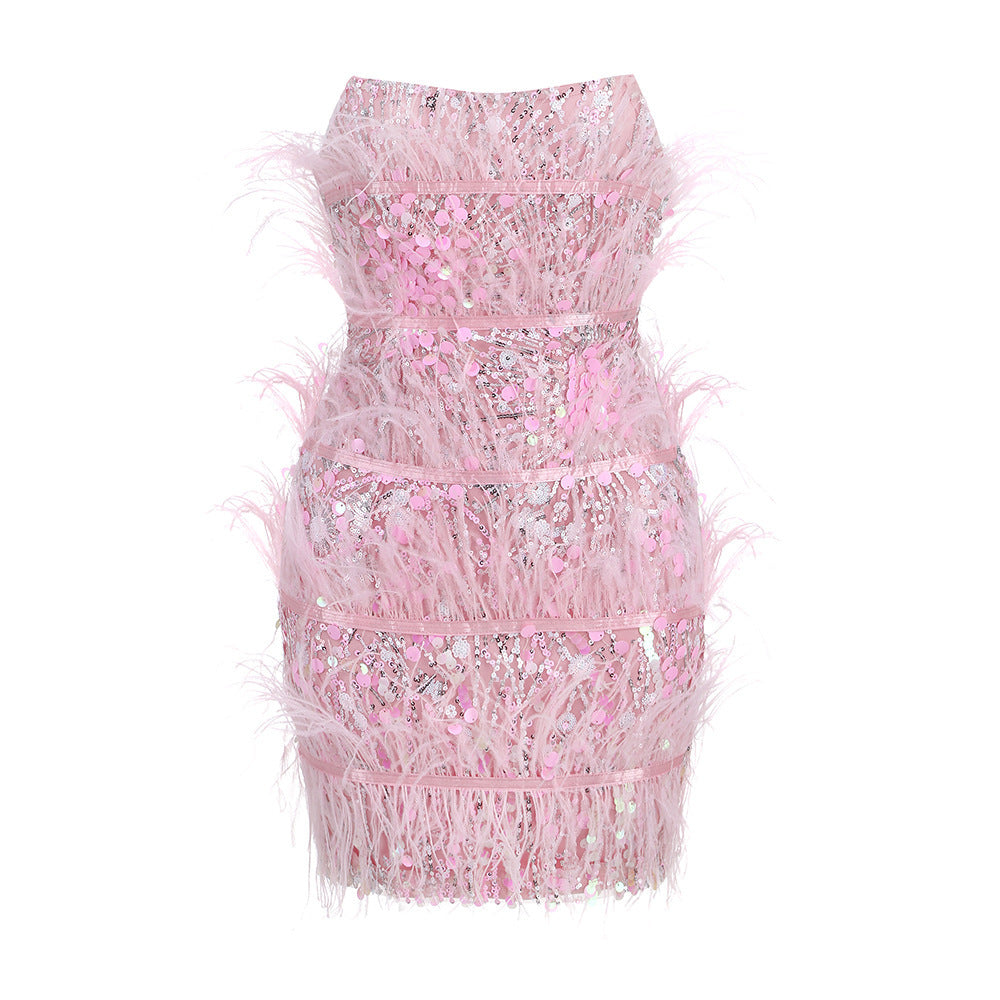 Feather Mini Dress - Sequin Glam Mini Dress - Chiccharm