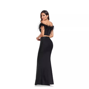 Feather Trim Corset Gown Set - Elegant Evening Look - Chiccharm Boutique