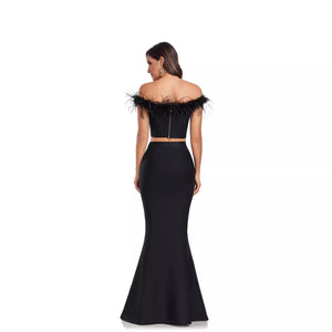 Feather Trim Corset Gown Set - Chiccharm Boutique