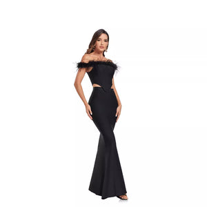Feather Trim Corset Gown Set - Elegant Evening Look - Chiccharm Boutique
