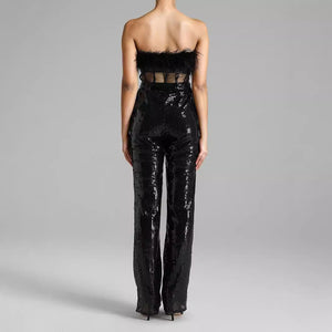 Feather Trim Sheer Leather Sequin Jumpsuit - Chiccharm Boutique