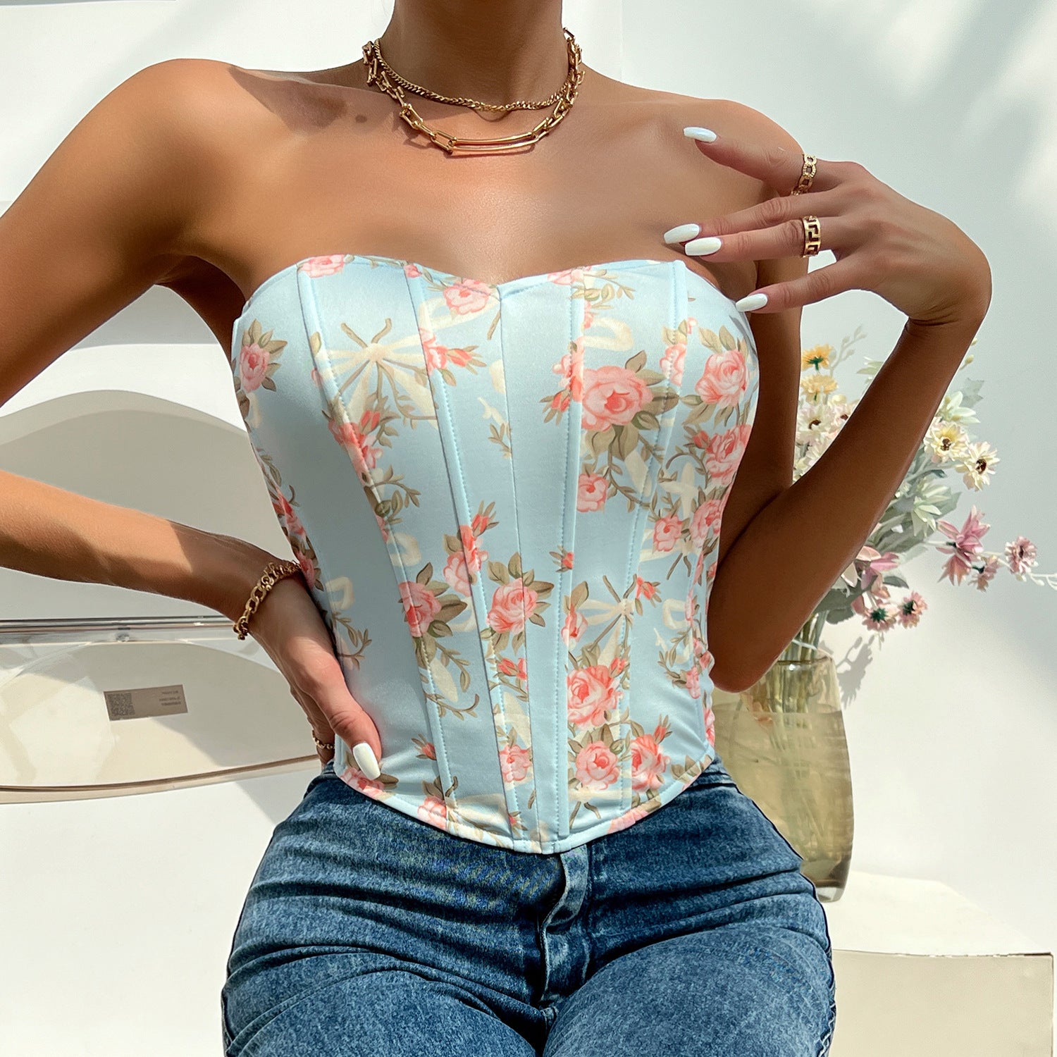 Floral Sweetheart Neck Corset Top - Chiccharm Boutique