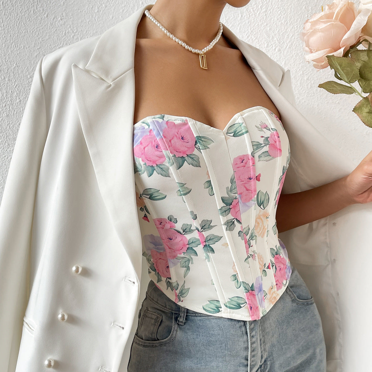 Floral Sweetheart Neck Corset Top - Chiccharm Boutique